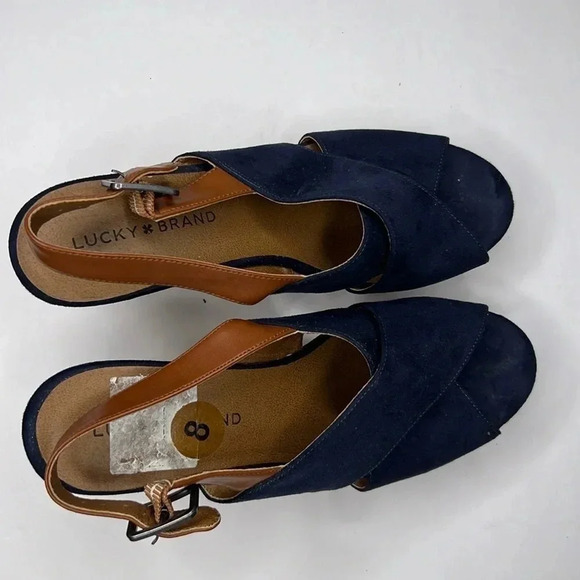 Lucky Brand Sandals size 8b Merrona Blue Suede Platform Wedge Slingback Peep Toe - Picture 2 of 7